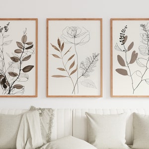 Botanical Line Art Set of 3 Prints. Neutral Wall Art Prints. Plant ...