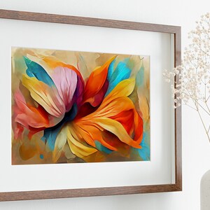 May include: Abstract painting of a colorful flower with petals in shades of orange, red, pink, yellow, and blue. The flower is painted in a stylized, almost 3D style, with the petals overlapping and creating a sense of depth.