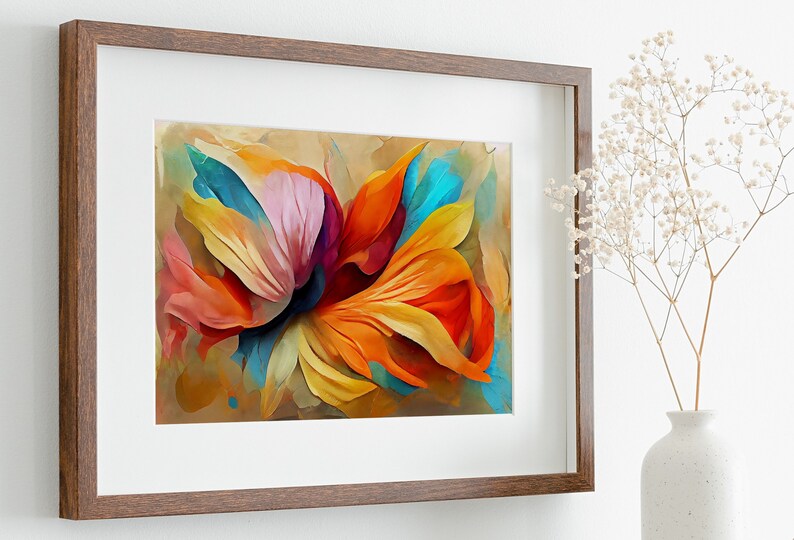May include: Abstract painting of a colorful flower with petals in shades of orange, red, pink, yellow, and blue. The flower is painted in a stylized, almost 3D style, with the petals overlapping and creating a sense of depth.