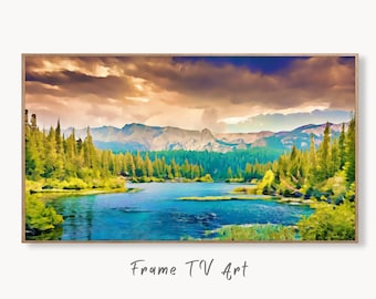 Samsung Frame TV Art Forest Landscape with a Lake, Digital Download, Digital Art for Tv, Colorful Frame TV Art