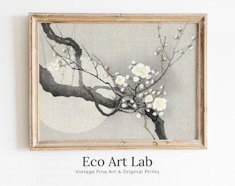 Vintage Japanese Plum Blossom Flower Art w/ Full Moon Painting. Printable Wall Art. Antique Japanese Art. Botanical Print Floral Wall Decor