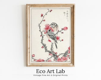 Vintage Japanese Painting. Pine Bunting and Plum Tree. Japanese Wall Art Printable Poster. 19th Century Japanese Vintage Wall Art, Bird Art