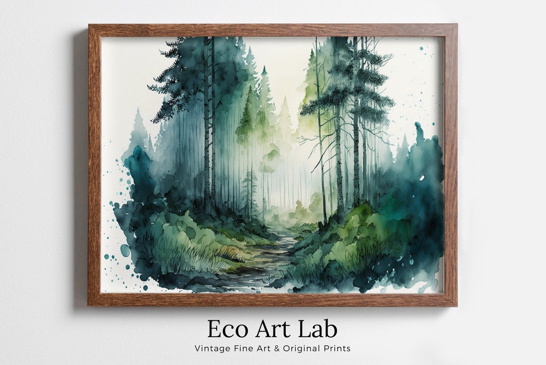 Green Forest Trees Painting Print. Watercolor Forest Landscape ...