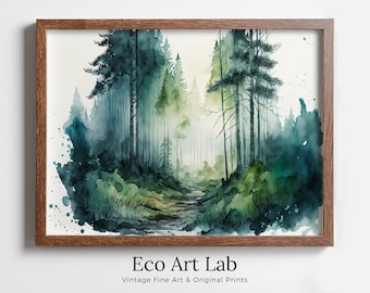 Green Forest Trees Painting Print. Watercolor Forest Landscape Printable. Nature Decor Printable Wall Art. Forest Painting Art. Digital Art