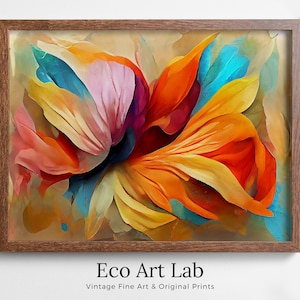 An abstract colorful floral painting in vibrant shades of orange, yellow, pink, blue, and teal depicting large, flowing petals of a flower in bloom displayed in a wooden frame