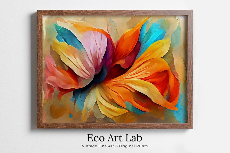 An abstract colorful floral painting in vibrant shades of orange, yellow, pink, blue, and teal depicting large, flowing petals of a flower in bloom displayed in a wooden frame