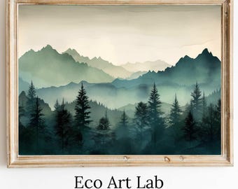 Sage Green Mountain Large Wall Art | Watercolor Mountain Landscape | Abstract Nature Printable | Modern Minimal Decor | Pine Forest