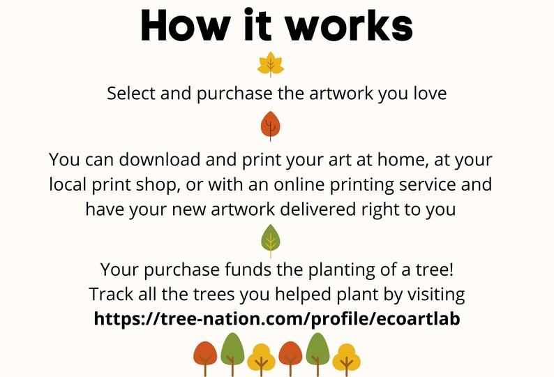 May include: How it works: Select and purchase artwork, download and print it at home or a local print shop, or have it delivered. Your purchase funds the planting of a tree! Track your trees at https://tree-nation.com/profile/ecoartlab