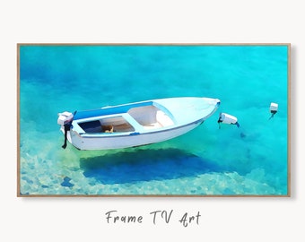 Small Boat Floating at Sea Landscape Painting, Frame TV Art Digital Download, Digital Art for Tv, Colorful Art for Frame TV