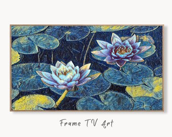 Samsung Frame TV Art 4K Two Lotus Flowers in Blue Digital Painting. Instant Download Colorful Botanical Lotus Floral Art for the Frame TV