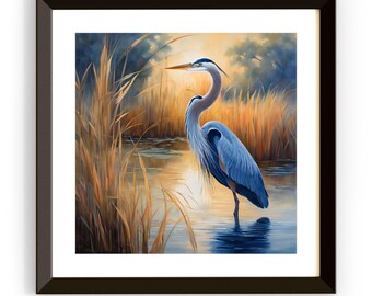 Blue Heron Tropical Bird Printable Art. Modern Square Wall Decor for Home. Unique Digital Download Nature Print
