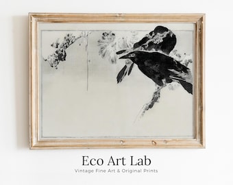 Japanese Painting Crows Perched on a Branch Vintage Wall Art Printable Poster. 19th Century Japanese Vintage Wall Art Crow Japanese Painting