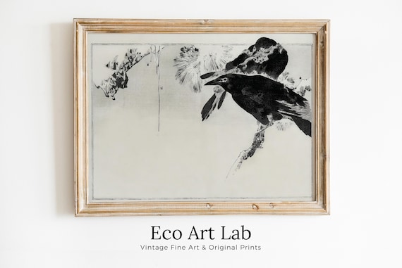 日本画 枝にとまるカラス ヴィンテージウォールアート 印刷用ポスター