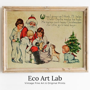 Vintage Christmas Card of Santa Claus and Kids Illustration. Retro Christmas Print. Printable Wall Art. Instant Download Christmas Art Print