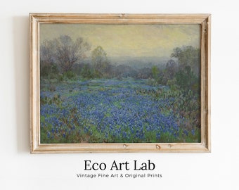 Field of Bluebonnets. PRINTABLE Spring Meadow Landscape Painting. Vintage Landscape Print Texas Bluebonnets Painting. Flower Field