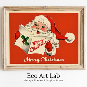 Illustrazione di Babbo Natale con biglietto di auguri di Natale vintage. Stampa natalizia retrò. Arte murale stampabile. Download immediato di stampe artistiche natalizie
