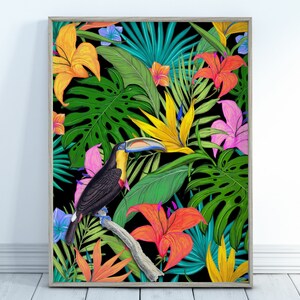 Toucan Wall Art Print. Bright Colorful Decor. Tropical Bird Poster.  Wildlife Nature Botanical Illustration. Printable Digital Download