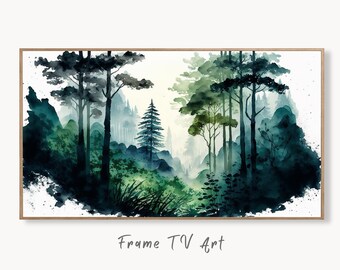 Samsung Frame TV Art 4K Green Forest  Landscape Watercolor Digital Painting. Instant Download Forest Art for Samsung Frame TV. Art for TV