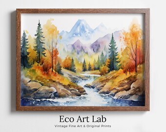 Forest River & Mountain Fall Watercolor Painting. Colorful Forest Landscape. Printable Nature Art. Mountain Forest Art. Printable Wall Art