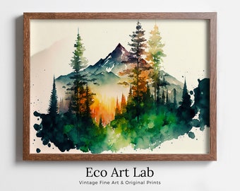 Colorful Forest & Mountain Watercolor Painting. Forest Trees Landscape Printable. Nature Art Print. Mountain Forest Art. Printable Wall Art