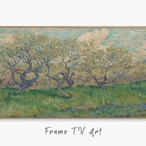 May include: A painting of a field of trees with white blossoms. The trees are painted in a style reminiscent of Vincent van Gogh, with thick brushstrokes and swirling lines. The sky is a light blue with white clouds. The field is a vibrant green.