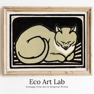 Arte de pared con estampado Art Nouveau vintage de un gato durmiente. Descarga instantánea cartel de gato retro Julie De Graag arte de pared imprimible. Póster Art Nouveau