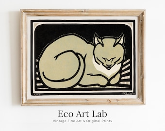 A Sleeping Cat Vintage Art Nouveau Print Wall Art. Instant Download Cat Poster Retro Julie De Graag Printable Wall Art. Art Nouveau Poster