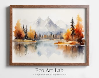Colorful Forest Landscape. River Forest & Mountain Fall Watercolor Painting. Printable Nature Art. Mountain Forest Art. Printable Wall Art