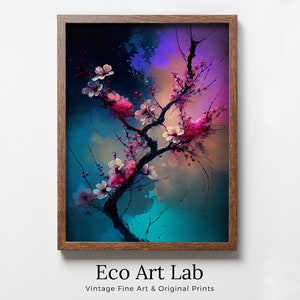 ピンクの桜の木の枝の抽象画。オリジナルの印刷可能な壁アート。咲き誇る花の絵画。モダンなリビングルームのホームウォールデコレーション