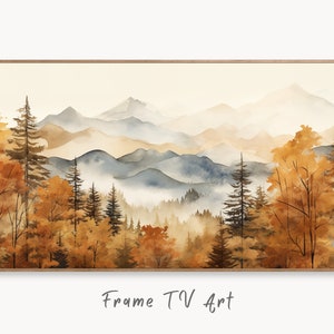 Könnte beinhalten: Ein Aquarellbild einer Bergkette mit einem Wald im Vordergrund. Die Berge sind in Blautönen und Grautönen gemalt, mit einem leichten Nebel über den Gipfeln. Der Wald ist in Braun- und Orangetönen gemalt, wobei die Bäume im Vordergrund detaillierter erscheinen. Das Bild hat eine weiche, verträumte Atmosphäre.