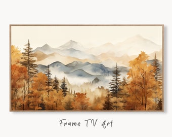 Samsung Frame TV Art 4K Fall Mountain Forest Landscape Painting. Instant Download. Autumn Forest Art for Samsung Frame TV. Art for TV
