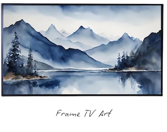 Blue Mountains Lake Art. Watercolor Decor for Frame TV. Minimalist Nature Scene Artwork