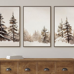 Winterwald Landschaft zum Ausdrucken. Set aus 3 Drucken. Verschneite Wald-Aquarell Malerei. Druckbare Kunst. 3-teilige Wandkunst. Galerie-Wandset