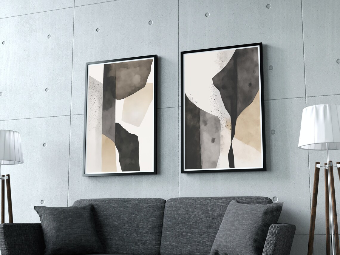 Minimalist Set of 2 Art Prints. Black and White Abstract Poster Set ...