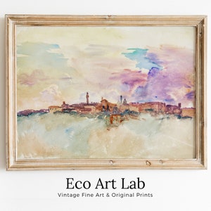 Siena Italy Pastel Watercolor Vintage Abstract Landscape Printable Wall Art. Italy Digital Download Art. Vintage Home Decor, Retro Print