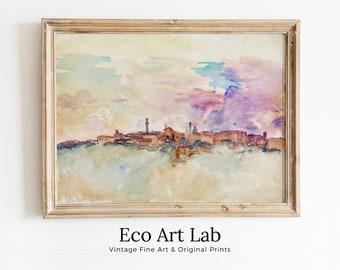 Siena Italy Pastel Watercolor Vintage Abstract Landscape Printable Wall Art. Italy Digital Download Art. Vintage Home Decor, Retro Print