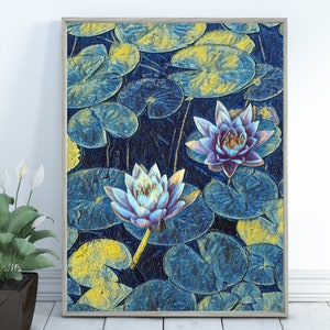 May include: A framed print of two water lilies with blue and yellow lily pads in a pond. The water lilies are in shades of purple and blue.