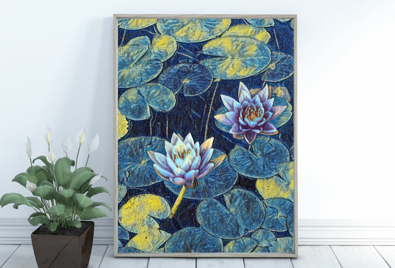 May include: A framed print of two water lilies with blue and yellow lily pads in a pond. The water lilies are in shades of purple and blue.
