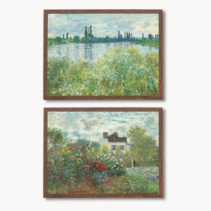 May include: Two framed paintings depicting scenes from nature. The top painting shows a river with trees and a cloudy sky. The bottom painting shows a house with a garden full of flowers.
