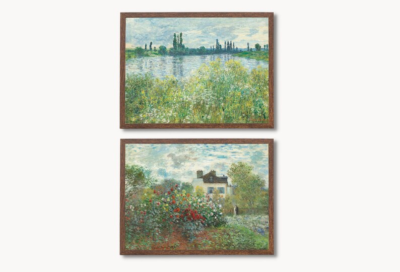 May include: Two framed paintings depicting scenes from nature. The top painting shows a river with trees and a cloudy sky. The bottom painting shows a house with a garden full of flowers.
