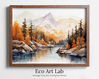 Mountain Forest & River Fall Watercolor Painting. Colorful Forest Landscape. Printable Nature Art. Mountain Forest Art. Printable Wall Art