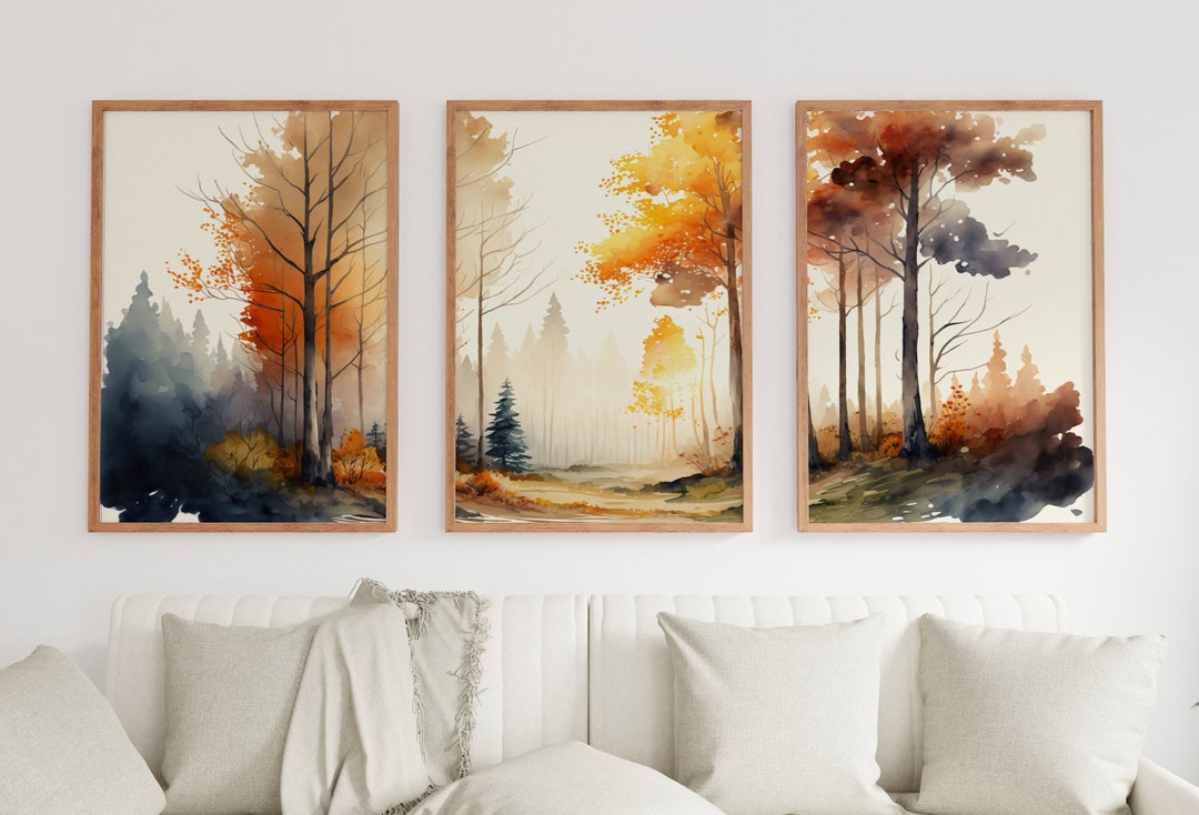 Fall Watercolor Forest Landscape. Printable Wall Art. Set of 3 Prints ...