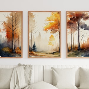 Herbst Aquarell Waldlandschaft. Druckbare Kunst. Set aus 3 Drucken. Herbstwald Gemälde. Galerie-Wandset. Natur Dekor. Waldkunst