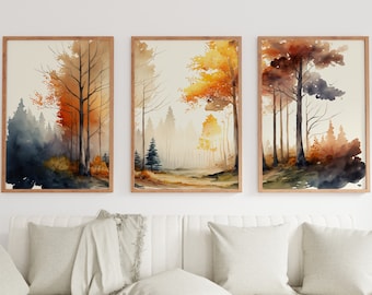 Fall Watercolor Forest Landscape. Printable Wall Art. Set of 3 Prints. Autumn Forest Painting. Gallery Wall Set. Nature Decor. Forest Art