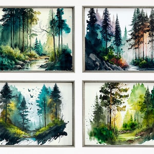 4er Set Aquarell Wälder Landschaft Kunst. Druckbare Kunst. Galerie-Wandset. Digitale Kunst Grüne Waldbäume Malerei Druck. Natur Dekor