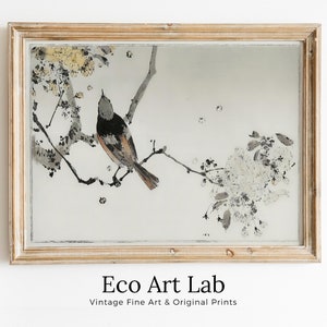 Pintura japonesa vintage de golondrina en una rama. Póster imprimible de arte mural japonés. Arte mural japonés vintage del siglo XIX, arte asiático con aves