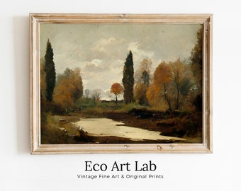 Rustic Autumn Landscape Printable Painting. Fall Art Muted Colors Digital Download. Country Decor Nature Landscape. Moody Vintage Art Print