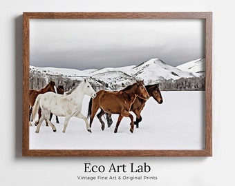 Herd of Horses in Snow Digital Art Print.  Horse Painting Animal Wall Art. Horse Poster Wall Decor, Horse Printable, Horse Photography