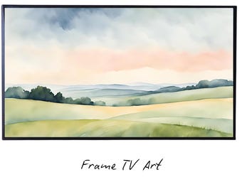 Green Countryside Landscape Art. Frame TV 4K Decor. Minimalist Design Wall Art.