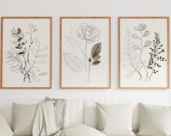 Botanical Line Art Set of 3 Prints. Neutral Wall Art Prints. Plant Prints Minimalist Modern Beige & White Wall Decor. Printable Wall Art. #2